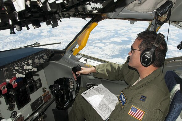 Captain Jason Burrows, 756th Air Refueling Wing pilot, co-pilots a KC-135R Stratotanker over Norway during a refueling mission with Norwegian Air Force F-16s June 13, 2016. Members of the 459th Air Refueling Wing, to include pilots, boom operators and maintainers, are in Europe from mid-June to late July to help provide training and refueling support for Operation Atlantic Resolve. OAR aims to ensure peace and stability in Eastern Europe in the wake of Russia’s intervention in Ukraine.  (U.S. Air Force photo/Staff Sgt. Kat Justen)