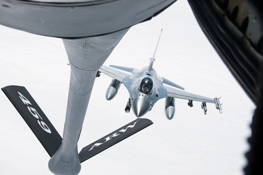 A Norwegian Air Force F-16 approaches the refueling boom of a 459th Air Refueling Wing KC-135R Stratotanker over Norway June 13, 2016. Members of the 459th ARW, to include pilots, boom operators and maintainers, are in Europe from mid-June to late July to help provide training and refueling support for Operation Atlantic Resolve. OAR aims to ensure peace and stability in Eastern Europe in the wake of Russia’s intervention in Ukraine. (U.S. Air Force photo/Staff Sgt. Kat Justen)