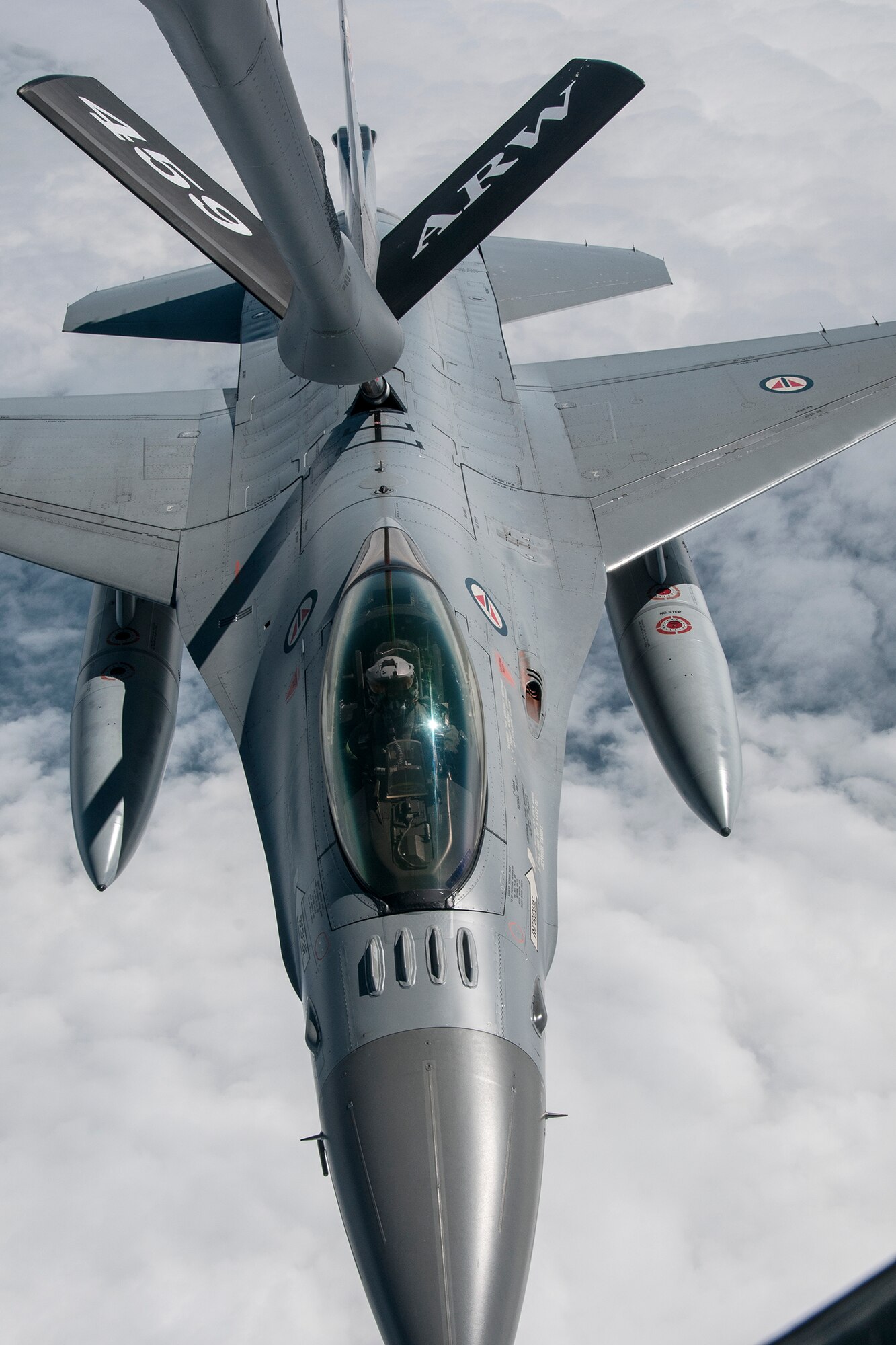 A Norwegian Air Force F-16 is refueled by a 459th Air Refueling Wing KC-135R Stratotanker over Norway June 13, 2016. Members of the 459th ARW, to include pilots, boom operators and maintainers, are in Europe from mid-June to late July to help provide training and refueling support for Operation Atlantic Resolve. OAR aims to ensure peace and stability in Eastern Europe in the wake of Russia’s intervention in Ukraine.  (U.S. Air Force photo/Staff Sgt. Kat Justen)