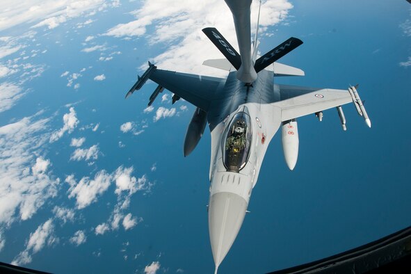 A Norwegian Air Force F-16 is refueled by a 459th Air Refueling Wing KC-135R Stratotanker over Norway June 13, 2016. Members of the 459th ARW, to include pilots, boom operators and maintainers, are in Europe from mid-June to late July to help provide training and refueling support for Operation Atlantic Resolve. OAR aims to ensure peace and stability in Eastern Europe in the wake of Russia’s intervention in Ukraine.  (U.S. Air Force photo/Staff Sgt. Kat Justen)