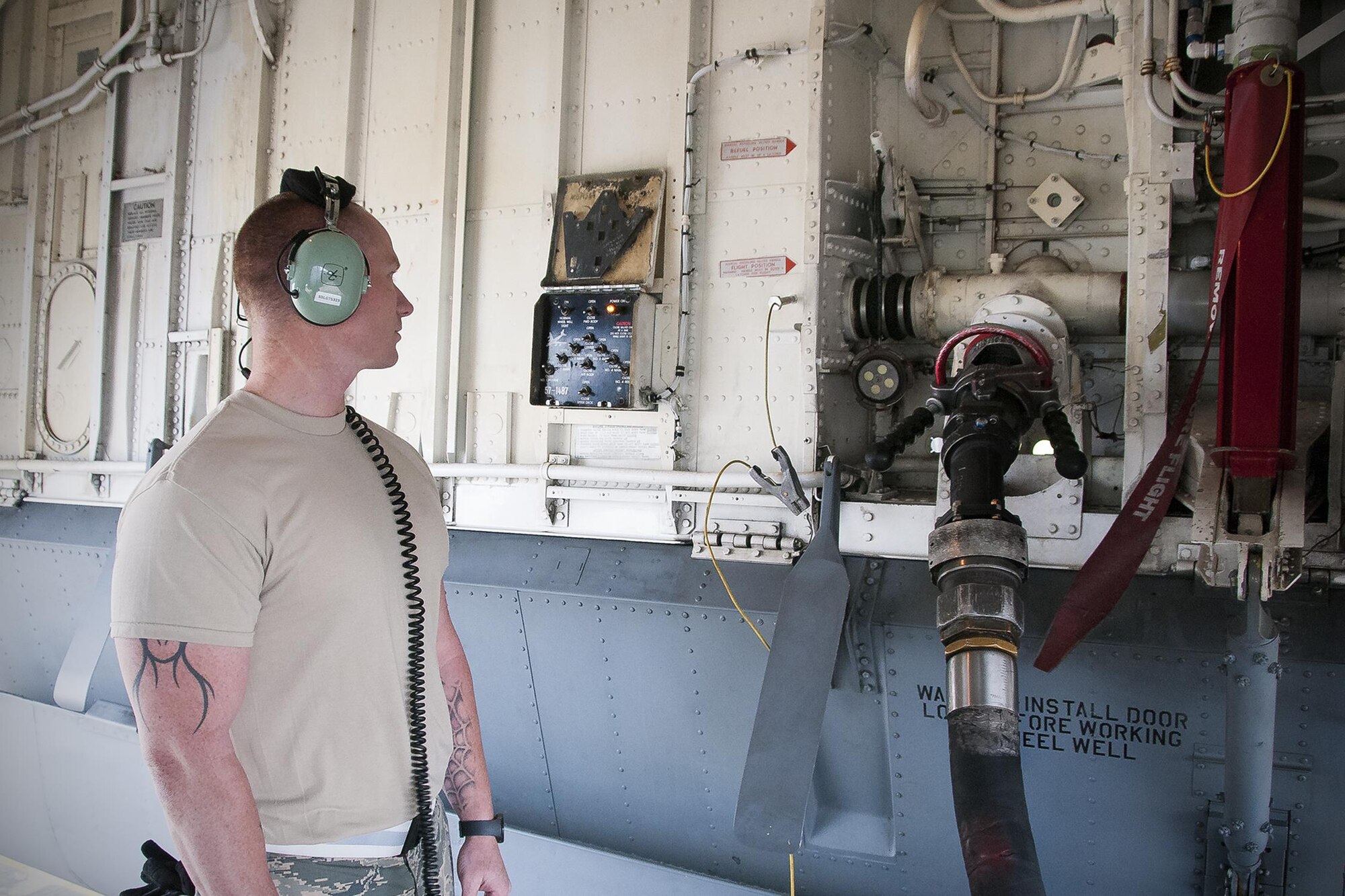 Master Sgt. Steven Lessard, 459th Aircraft Maintenance Squadron refueling supervisor, monitors fuel delivery to a KC-135R Stratotanker on the Royal Air Force Base Mildenhall, England, flight line June 13, 2016. Maintainers play an integral role in pre-flight preparation and are responsible for ensuring the fleet of 459th Air Refueling Wing aircraft are fit for flight. Members of the 459th ARW, to include pilots, boom operators and maintainers, are in England from mid-June to late July to help provide training and refueling support for Operation Atlantic Resolve. (U.S. Air Force photo/Staff Sgt. Kat Justen)