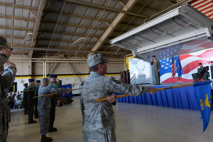 Col. Brian Afflerbaugh, 4th Operations Group commander, performs his final salute to members of the 4th OG June 20, 2016, at Seymour Johnson Air Force Base, North Carolina. Afflerbaugh is a master navigator, with more than 2,600 flight hours in the F-15E Strike Eagle, including 630 combat hours. (U.S. Air Force photo by Airman 1st Class Ashley Williamson)