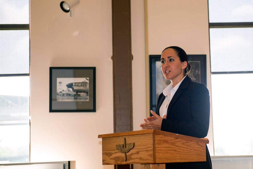 Special Agent Raquel La Barr, U.S. Air Force Office of Special Investigations Detachment 211 commander, gives remarks during an AFOSI luncheon, June 27, 2016, at Moody Air Force Base, Ga. As an OSI agent, La Barr’s primary responsibilities are to provide criminal investigative and counterintelligence services. (U.S. Air Force photo by Airman 1st Class Greg Nash/Released)