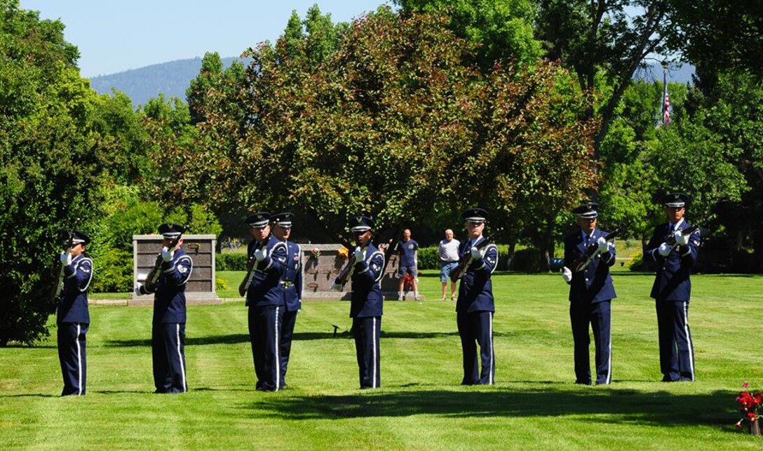 A seven-member firing party from the Malmstrom Air Force Base Honor Guard delivers a 21-gun salute during a funeral service for Staff Sgt. David J. Thatcher June 27, 2016, in Missoula, Mont. Thatcher was one of only two surviving Doolittle Raiders. He passed away June 21 at the age of 94. (U.S. Air Force photo by 2nd Lt. Annabel Monroe)