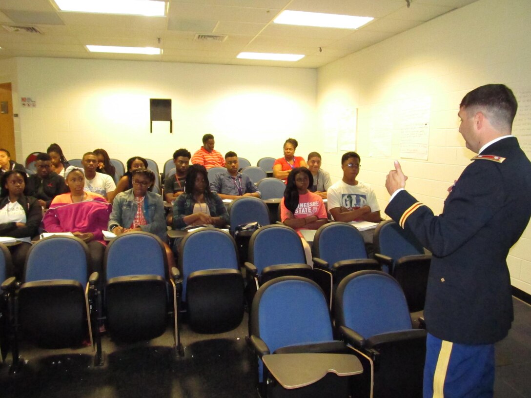 Lt. Col. Stephen F. Murphy, commander of the Nashville District, talks with students attending the National Summer Transportation Institute program June 24, 2016, on a variety of engineering classes and current district projects during a lecture on the campus of Tennessee State University. 