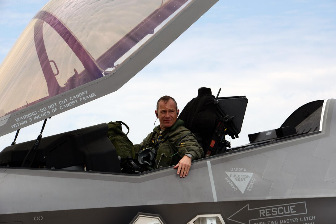 Brig. Gen. Scott Pleus, 56th Fighter Wing commander, prepares to exit the cockpit after his final flight in an F-35 Lightning II June 27, 2016. His two-year tenure as commander was filled with change as the wing shifted its mission to include the F-35. (U.S. Air Force photo by Airman 1st Class Ridge Shan)