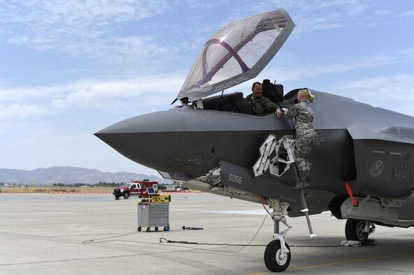 Brig. Gen. Scott Pleus, 56th Fighter Wing commander, prepares to exit the cockpit after his final flight in an F-35 Lightning II June 27, 2016. His two-year tenure as commander was filled with change as the wing shifted its mission to include the F-35. (U.S. Air Force photo by Staff Sgt. Staci Miller)
