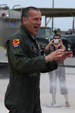 Brig. Gen. Scott Pleus, 56th Fighter Wing commander, celebrates after his final flight in an F-35 Lightning II June 27, 2016. His two-year tenure as commander was filled with change as the wing shifted its mission to include the F-35. (U.S. Air Force photo by Staff Sgt. Staci Miller)
