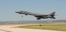 A B-1 bomber takes off From Ellsworth Air Force Base, S.D., to perform a flyover in honor of U.S. Army Air Corps Staff Sgt. David Thatcher, June 27, 2016. Thatcher was the engineer gunner of a B-25 medium-range bomber on Crew #7, “The Ruptured Duck,” during the Doolittle Raid on April 18, 1942. (U.S. Air Force photo by Airman 1st Class Denise M. Nevins/Released)