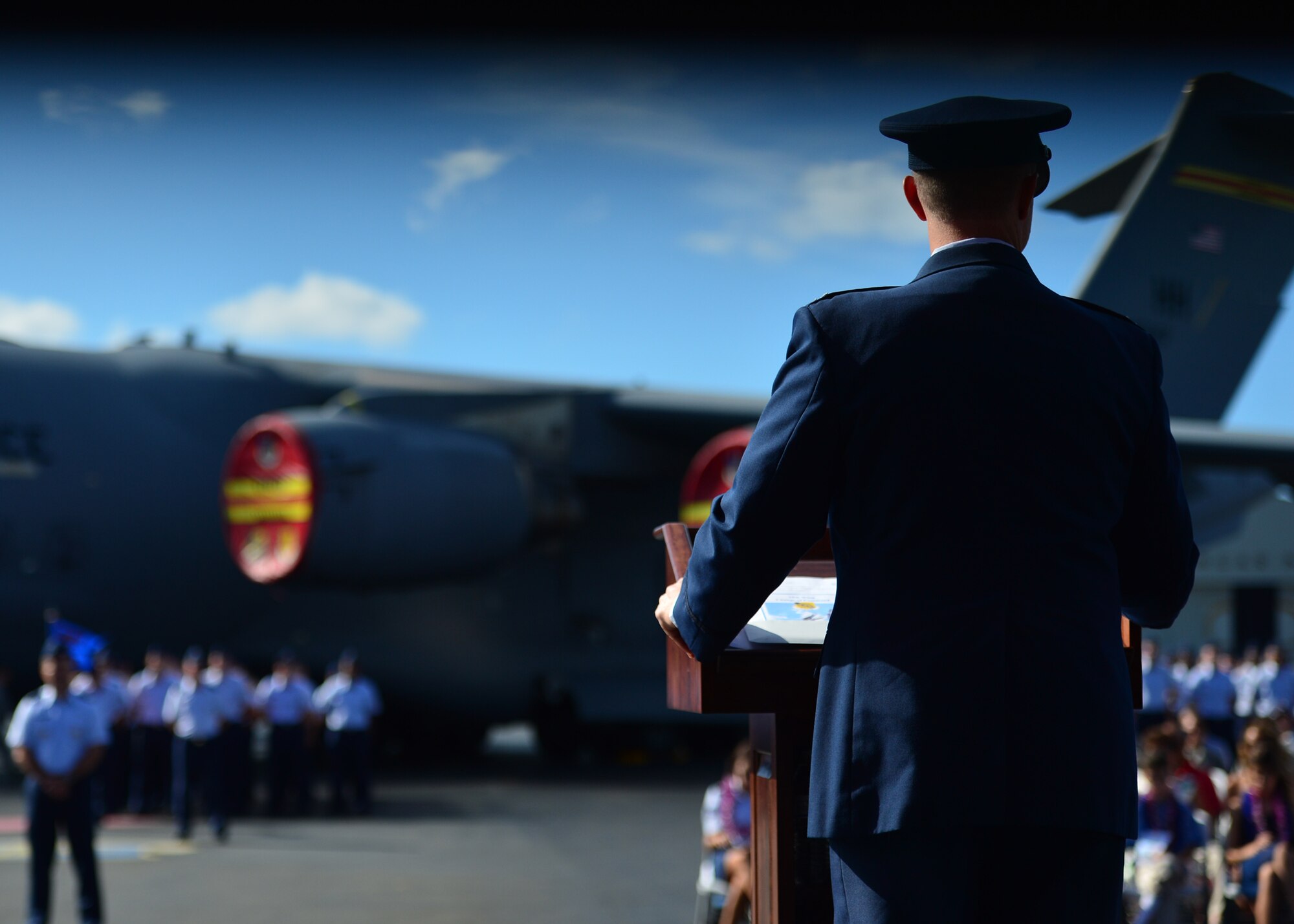 Colonel Randall Huiss, 15th Wing commander, speaks during the 15th Wing Change of Command Ceremony on Joint Base Pearl Harbor-Hickam, June 27, 2016. During the ceremony, Huiss, former 15th Wing commander, relinquished command to Col. Kevin Gordon. Gordon became the 72nd commander of the 15th Wing following the ceremony today.  (U.S. Air Force photo by Tech. Sgt. Aaron Oelrich/Released)
