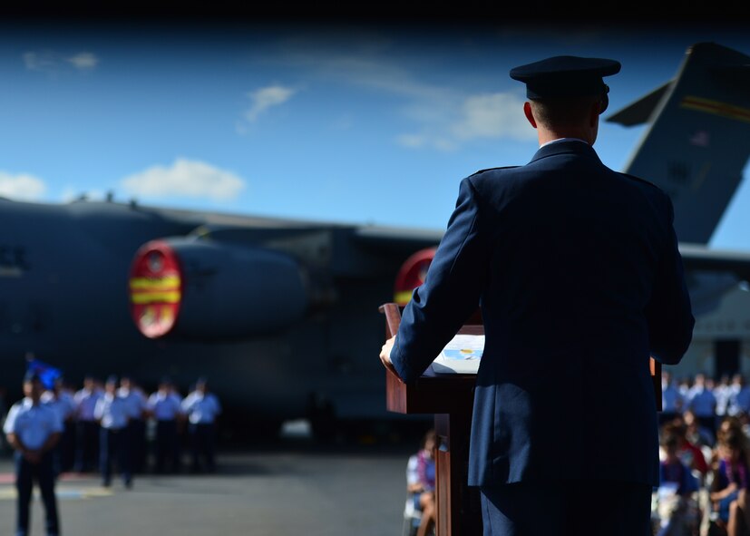 Colonel Randall Huiss, 15th Wing commander, speaks during the 15th Wing Change of Command Ceremony on Joint Base Pearl Harbor-Hickam, June 27, 2016. During the ceremony, Huiss, former 15th Wing commander, relinquished command to Col. Kevin Gordon. Gordon became the 72nd commander of the 15th Wing following the ceremony today.  (U.S. Air Force photo by Tech. Sgt. Aaron Oelrich/Released)