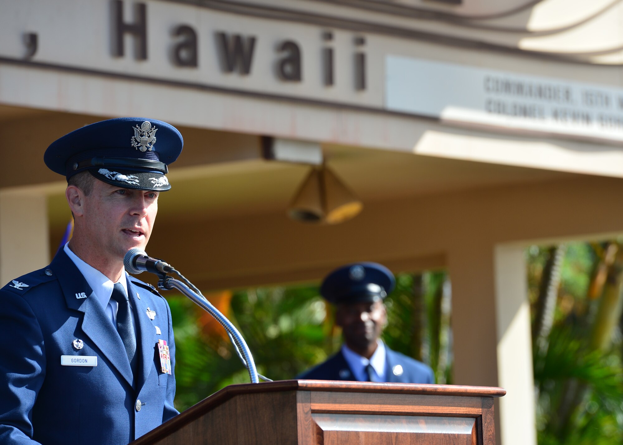 Colonel Kevin Gordon, 15th Wing commander, speaks during the 15th Wing Change of Command Ceremony on Joint Base Pearl Harbor-Hickam, June 27, 2016. Gordon became the 72nd commander of the 15th Wing following the ceremony today.  (U.S. Air Force photo by Tech. Sgt. Aaron Oelrich/Released)
