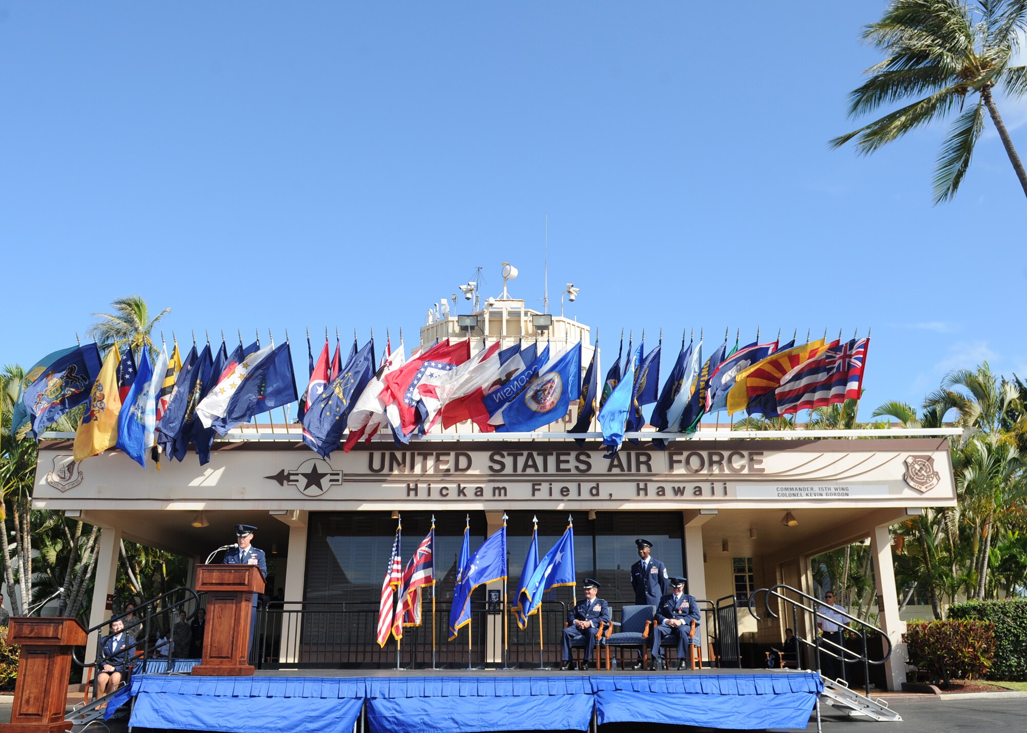 Colonel Kevin Gordon, 15th Wing commander, speaks during the 15th Wing Change of Command Ceremony on Joint Base Pearl Harbor-Hickam, June 27, 2016. Gordon became the 72nd commander of the 15th Wing following the ceremony today. (U.S. Air Force photo by Tech. Sgt. Aaron Oelrich/Released)