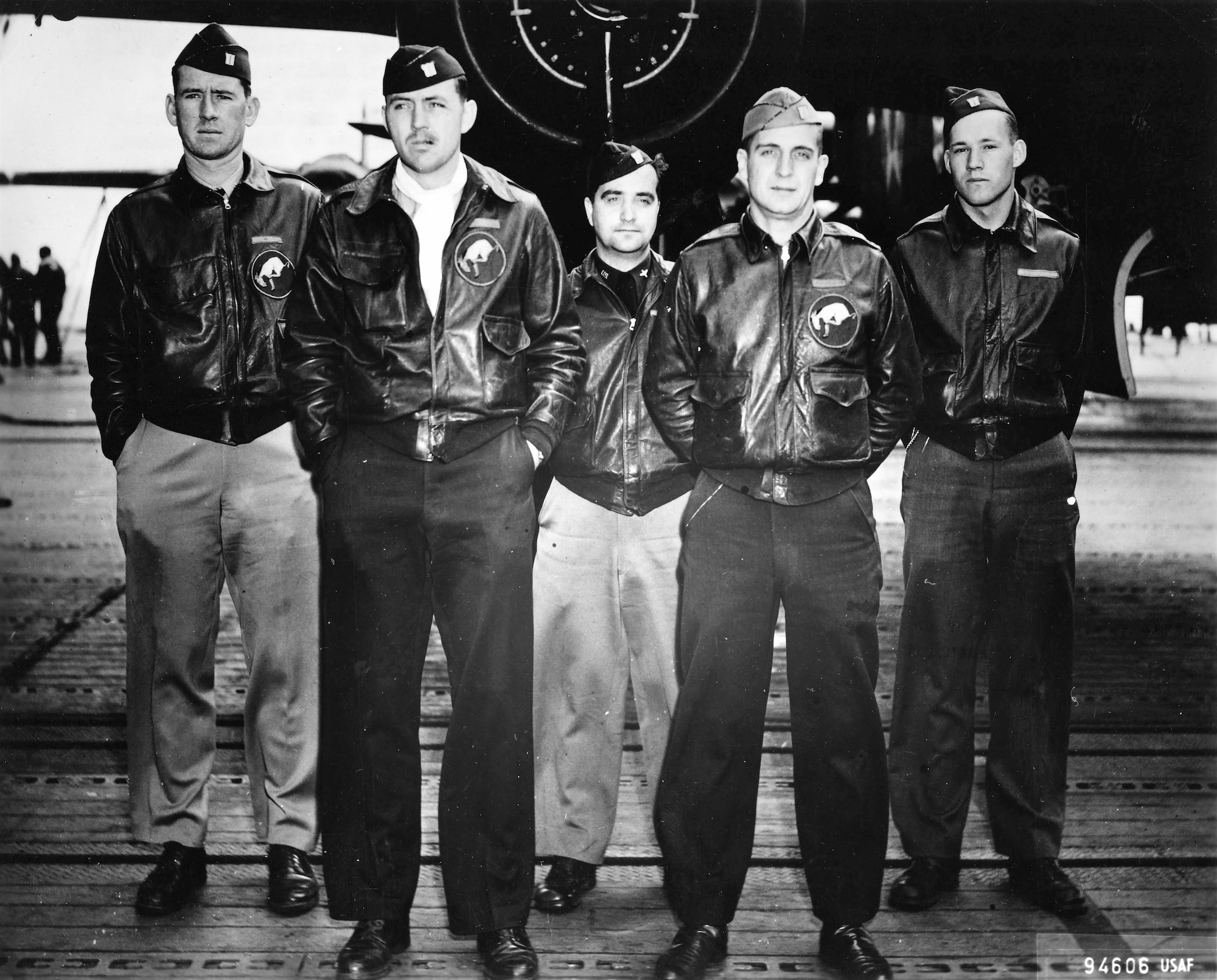 U.S. Army Air Corps Staff Sgt. David Thatcher (fifth from left) with the crew  of the Ruptured Duck, one of 16 B-25 Mitchell bombers that launched off the deck of the aircraft carrier the U.S.S. Hornet and headed to the coast of  Japan to wreak havoc on the Japanese empire April 18, 1942. After dropping its payload, the Ruptured Duck crashed into the China Sea. Thatcher helped save his other four crew members who were seriously hurt and protected them on a beach. (Photo provided courtesy of the Doolittle Tokyo Raiders official website/Released).