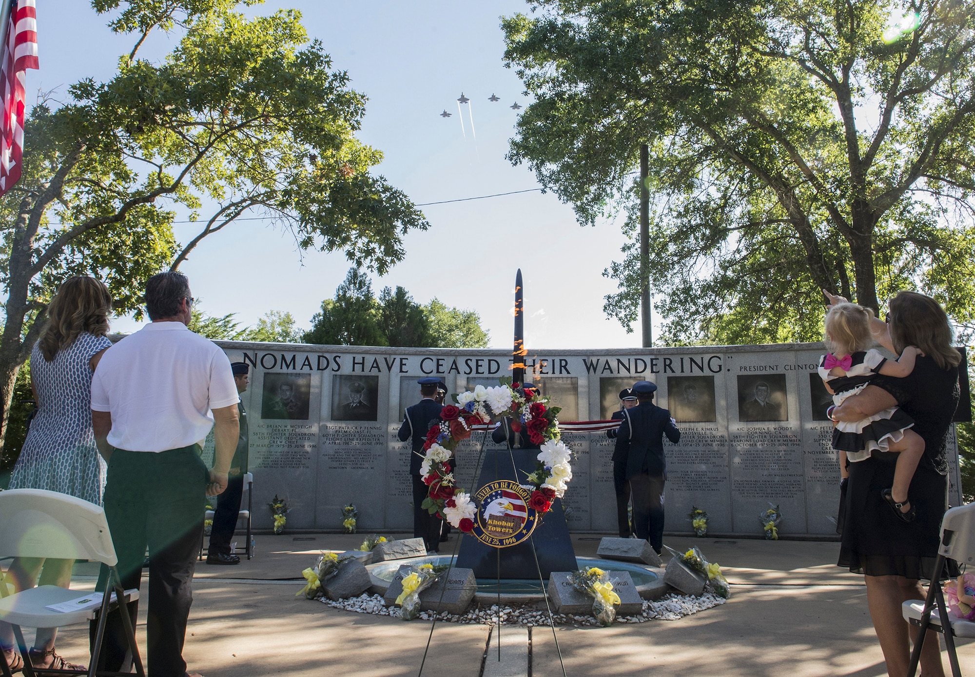 A formation of F-35As perform the missing man formation during a flyover of the Khobar Towers Memorial wall at Eglin Air Force Base, Fla., June 24. The missing man formation is an aircraft maneuver use to honor the dead or missing. (U.S. Air Force photo/Senior Airman Stormy Archer)