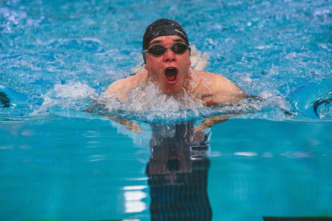 Lance Cpl. Dakota Boyer, patient with Wounded Warrior Battalion West, competes in the 2016 Department of Defense Warrior Games swimming competition at the U.S. Military Academy at West Point, N.Y., June 20, 2016.  Boyer, a Michigan native, is a member of the 2016 DoD Warrior Games Team Marine Corps. The 2016 DoD Warrior Games is an adaptive sports competition for wounded, ill and injured service members and veterans from the U.S. Marine Corps, Navy, Air Force, Army, Special Operations Command and the British Armed Forces. (Photo by Patrick Onofre/Released)