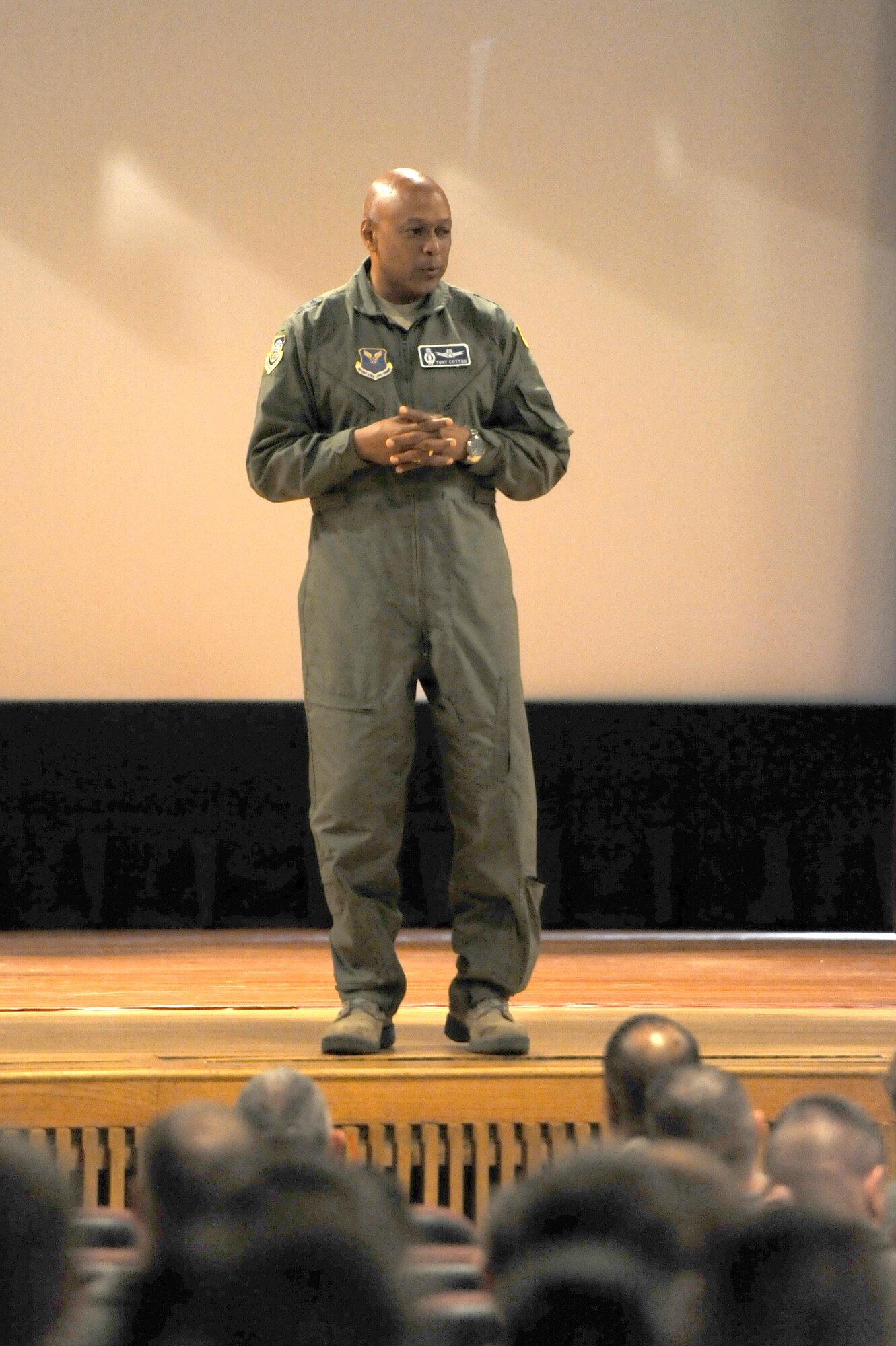 Maj. Gen. Anthony Cotton, 20th Air Force and Task Force 214 commander, briefs missileers at Minot Air Force Base, N.D., June 22, 2016, about the upcoming restructure of the 13N career field. (U.S. Air Force photo/Senior Airman Kristoffer Kaubisch)