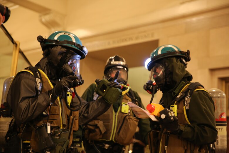 Marines and Sailors with Chemical Biological Incident Response Force train alongside the Fire Department of New York for a field training exercise at the F.D.N.Y. training academy in Randall’s Island, N.Y. June 20, 2016. CBIRF is an active duty Marine Corps unit that, when directed, forward-deploys and/or responds with minimal warning to a chemical, biological, radiological, nuclear or high-yield explosive (CBRNE) threat or event in order to assist local, state, or federal agencies and the geographic combatant commanders in the conduct of CBRNE response or consequence management operations, providing capabilities for command and control; agent detection and identification; search, rescue, and decontamination; and emergency medical care for contaminated personnel. (Official USMC Photo by Lance Cpl. Maverick S. Mejia/RELEASED)