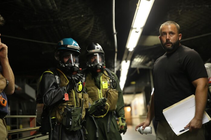 Marines and Sailors with Chemical Biological Incident Response Force train alongside the Fire Department of New York for a field training exercise at the F.D.N.Y. training academy in Randall’s Island, N.Y. June 20, 2016. CBIRF is an active duty Marine Corps unit that, when directed, forward-deploys and/or responds with minimal warning to a chemical, biological, radiological, nuclear or high-yield explosive (CBRNE) threat or event in order to assist local, state, or federal agencies and the geographic combatant commanders in the conduct of CBRNE response or consequence management operations, providing capabilities for command and control; agent detection and identification; search, rescue, and decontamination; and emergency medical care for contaminated personnel. (Official USMC Photo by Lance Cpl. Maverick S. Mejia/RELEASED)