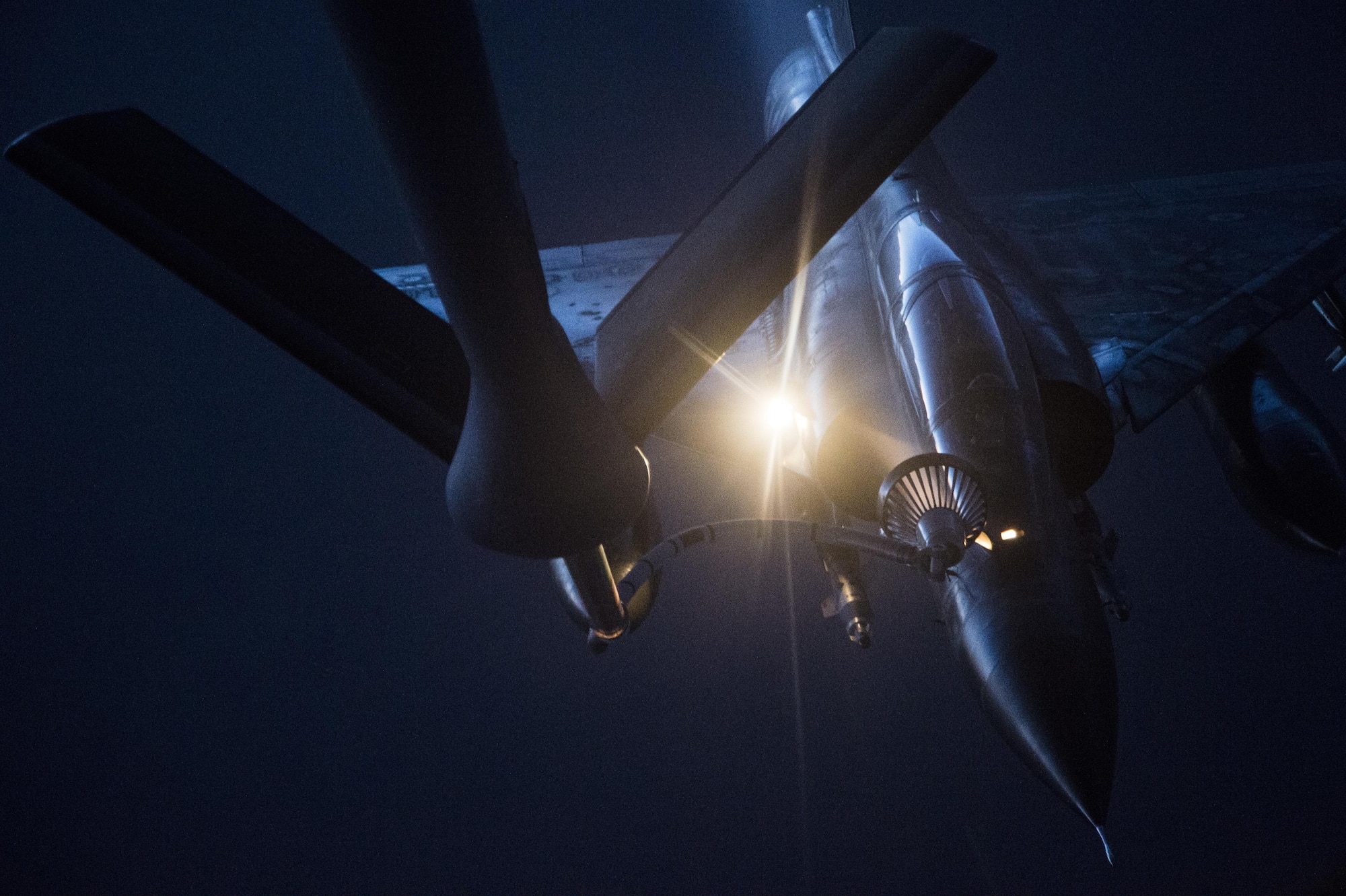A French Air Force Mirage 2000 receives fuel from a KC-135 Stratotanker, assigned to the 340th Expeditionary Air Refueling Squadron, during a night refuel over Iraq, June 15, 2016. Airmen from the 340th EARS refueled the French Air Force's multirole fighter jet, the Mirage 2000 over Iraq, in support of Combined Joint Task Force-Operation Inherent Resolve. The U.S. and more than 60 coalition partners work together to eliminate the terrorist group ISIL and the threat they pose to Iraq and Syria.
(U.S. Air Force photo/Staff Sgt. Larry E. Reid Jr., Released)