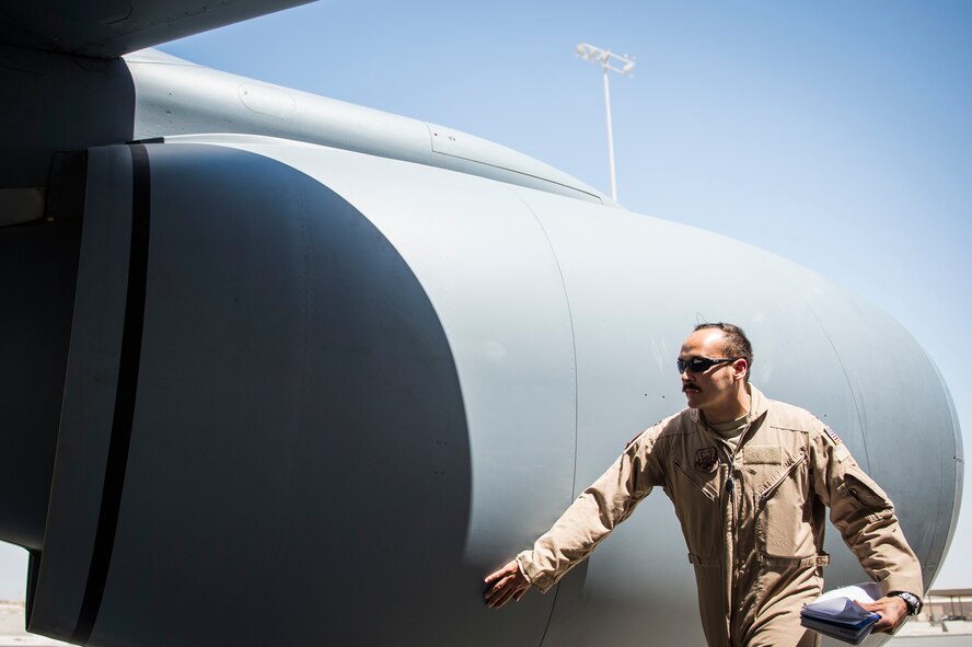 Capt. Michael Audiss, a KC-135 Stratotanker pilot assigned to the 340th Expeditionary Air Refueling Squadron, conducts a walk around of his aircraft before a sortie at Al Udeid Air Base, Qatar, June 15, 2016. Airmen from the 340th EARS refueled the French Air Force's multirole fighter jet, the Mirage 2000 over Iraq, in support of Combined Joint Task Force-Operation Inherent Resolve. The U.S. and more than 60 coalition partners work together to eliminate the terrorist group ISIL and the threat they pose to Iraq and Syria.
(U.S. Air Force photo/Staff Sgt. Larry E. Reid Jr., Released)