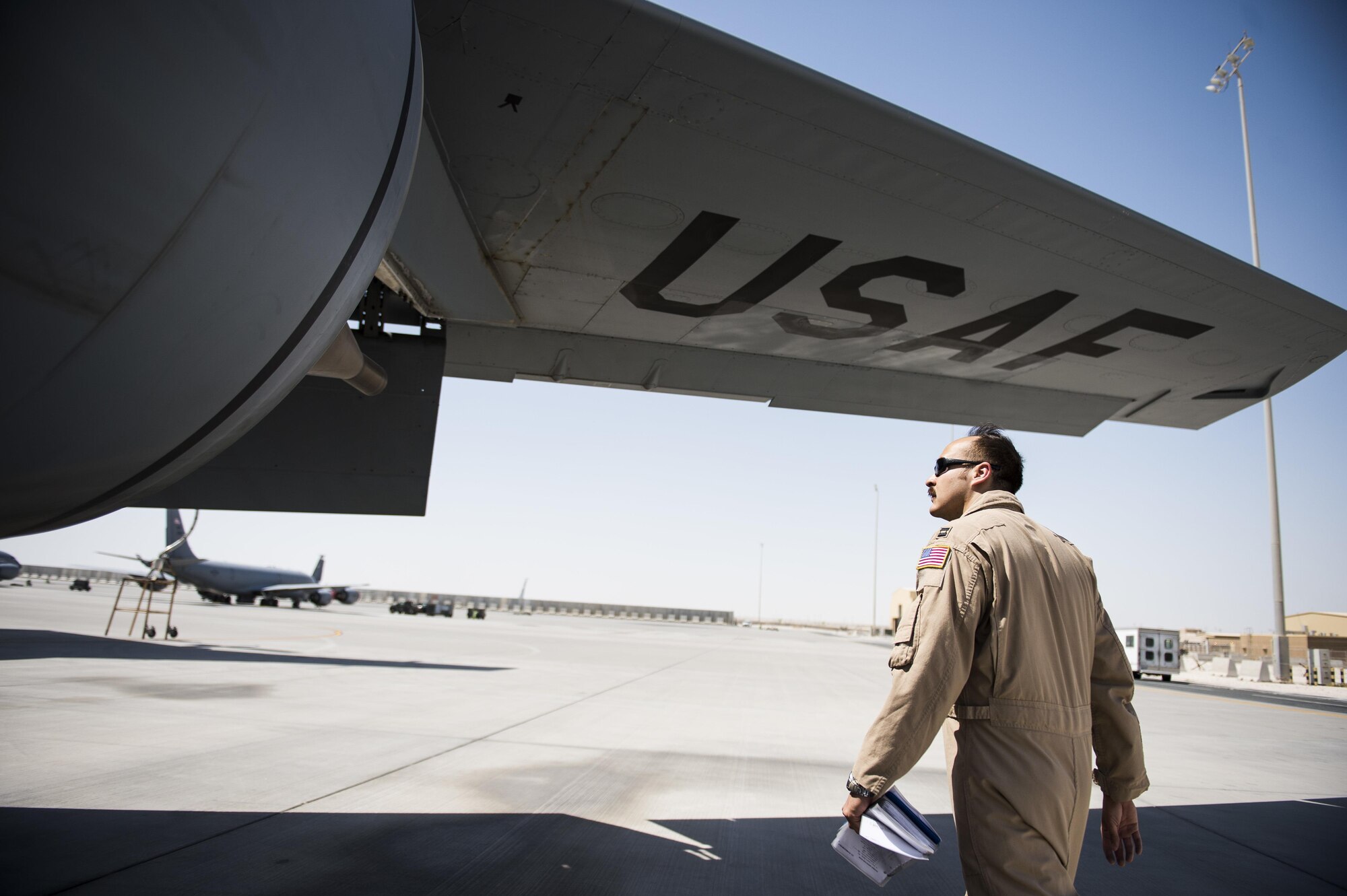Capt. Michael Audiss, a KC-135 Stratotanker pilot assigned to the 340th Expeditionary Air Refueling Squadron, conducts a walk around of his aircraft before a sortie at Al Udeid Air Base, Qatar, June 15, 2016. Airmen from the 340th EARS refueled the French Air Force's multirole fighter jet, the Mirage 2000 over Iraq, in support of Combined Joint Task Force-Operation Inherent Resolve. The U.S. and more than 60 coalition partners work together to eliminate the terrorist group ISIL and the threat they pose to Iraq and Syria.
(U.S. Air Force photo/Staff Sgt. Larry E. Reid Jr., Released)