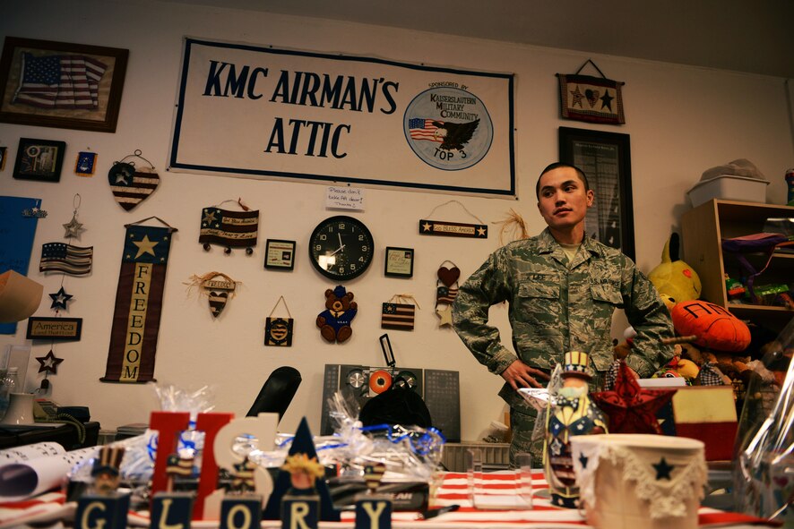 Senior Airman Nigel Lee, 86th Logistics Readiness Squadron traffic management office member, works at the Airman’s Attic checkout desk at Ramstein Air Base, Germany, June 24, 2016. The Airman’s Attic is sponsored by the Kaiserslautern Military Community Top 3 organization. (U.S. Air Force Photo/ Airman 1st Class Joshua Magbanua)