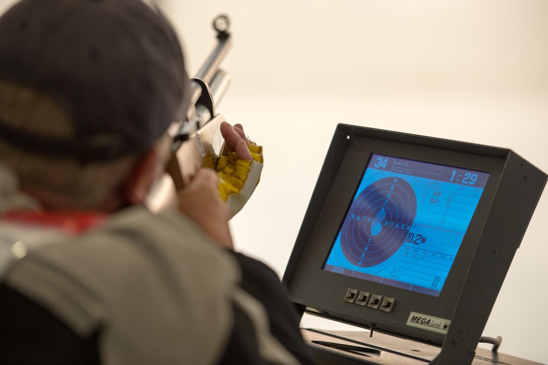 A monitor displays target hits during the air rifle shooting competition during the 2016 Department of Defense Warrior Games at the U.S. Military Academy in West Point, N.Y. June 19, 2016. DoD photo by EJ Hersom