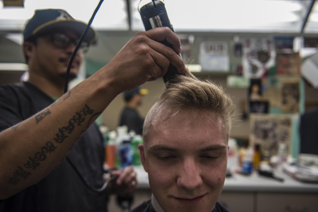 An incoming Army cadet gets his first military haircut during Reception Day, or "R-Day," at the U.S. Military Academy in West Point, N.Y., June 27, 2016. Army photo by Sgt. 1st Class Brian Hamilton