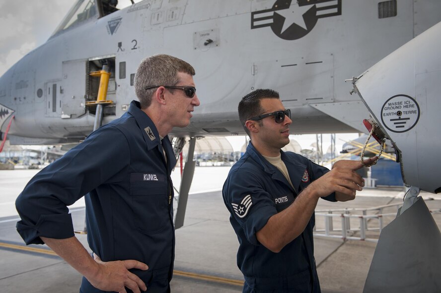 U.S. Air Force Staff Sgt. Brian Pontes, 75th Aircraft Maintenance Unit crew chief, demonstrates the refueling process on an A-10C Thunderbolt II for Col. Thomas Kunkel, 23d Wing commander, June 27, 2016, at Moody Air Force Base, Ga. Kunkel visited the 23d Aircraft Maintenance Squadron to interact with Airmen and experience a day in the life of an A-10 crew chief. (U.S. Air Force photo by Airman 1st Class Lauren M. Hunter/Released)