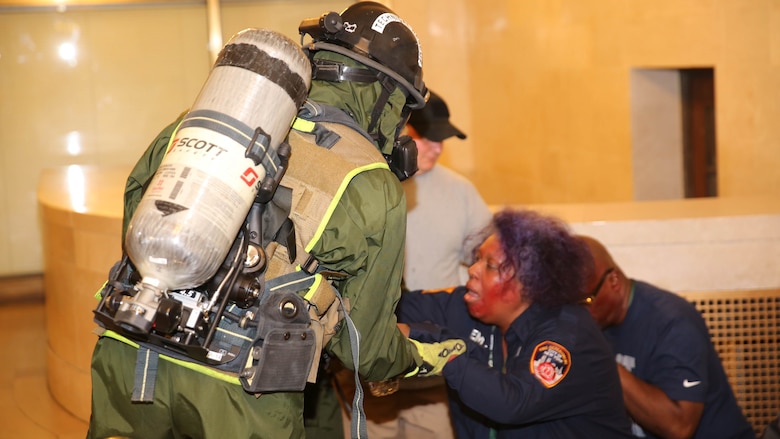 Marines and Sailors with Chemical Biological Incident Response Force train alongside the Fire Department of New York for a field training exercise at the F.D.N.Y. training academy in Randall’s Island, N.Y. June 20, 2016. CBIRF is an active duty Marine Corps unit that, when directed, forward-deploys and/or responds with minimal warning to a chemical, biological, radiological, nuclear or high-yield explosive threat or event in order to assist local, state, or federal agencies and the geographic combatant commanders in the conduct of CBRNE response or consequence management operations, providing capabilities for command and control; agent detection and identification; search, rescue, and decontamination; and emergency medical care for contaminated personnel. 