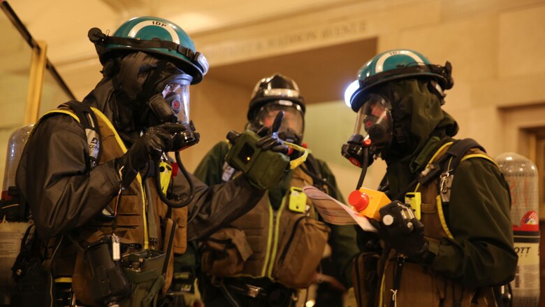 Marines and sailors with Chemical Biological Incident Response Force train alongside the Fire Department of New York for a field training exercise at the F.D.N.Y. training academy in Randall’s Island, N.Y. June 20, 2016. CBIRF is an active duty Marine Corps unit that, when directed, forward-deploys and/or responds with minimal warning to a chemical, biological, radiological, nuclear or high-yield explosive threat or event in order to assist local, state, or federal agencies and the geographic combatant commanders in the conduct of CBRNE response or consequence management operations, providing capabilities for command and control; agent detection and identification; search, rescue, and decontamination; and emergency medical care for contaminated personnel. 