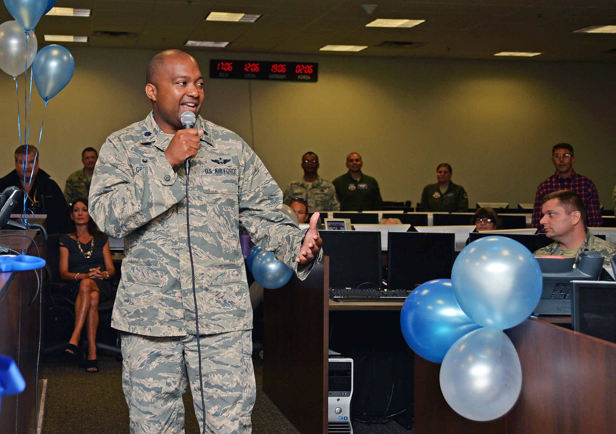 Lt. Col. Merrick Green, commander of the 505th Combat Training Squadron, speaks during a ribbon cutting ceremony for the re-opening of the Air Component Control Facility at Hurlburt Field, Fla., June 27, 2016. The 505th CTS is a tenant unit located on Hurlburt Field, which conducts virtual exercises to train military members in planning and execution of joint operations across the Department of Defense.  (U.S. Air Force photo by Senior Airman Andrea Posey)
