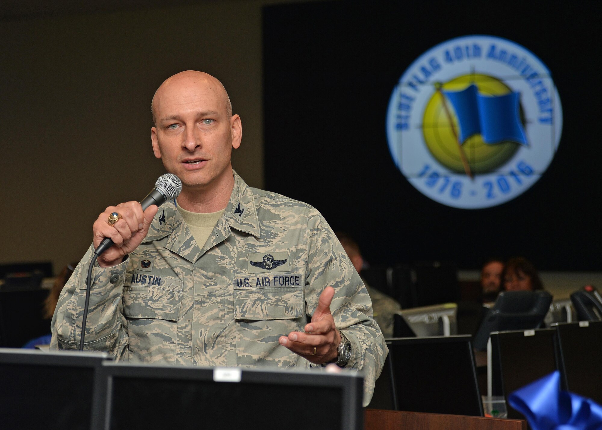 Col. David Austin, commander of the 505th Training Group, speaks during a ribbon cutting ceremony for the re-opening of the Air Component Control Facility at Hurlburt Field, Fla., June 27, 2016. The 505th TRG mission is to develop air, space and cyber operational level command and control professionals through integrated joint and coalition education and training. (U.S. Air Force photo by Senior Airman Andrea Posey)