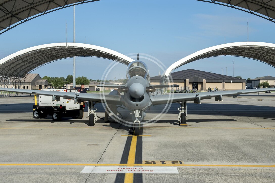 An A-29 Super Tucano from the 81st Fighter Squadron prepares for takeoff at Moody Air Force Base, Ga., June 23, 2016. The squadron conducts combat training for Afghan air force pilots and maintainers in the aircraft. Air Force photo by Tech. Sgt. Zachary Wolf