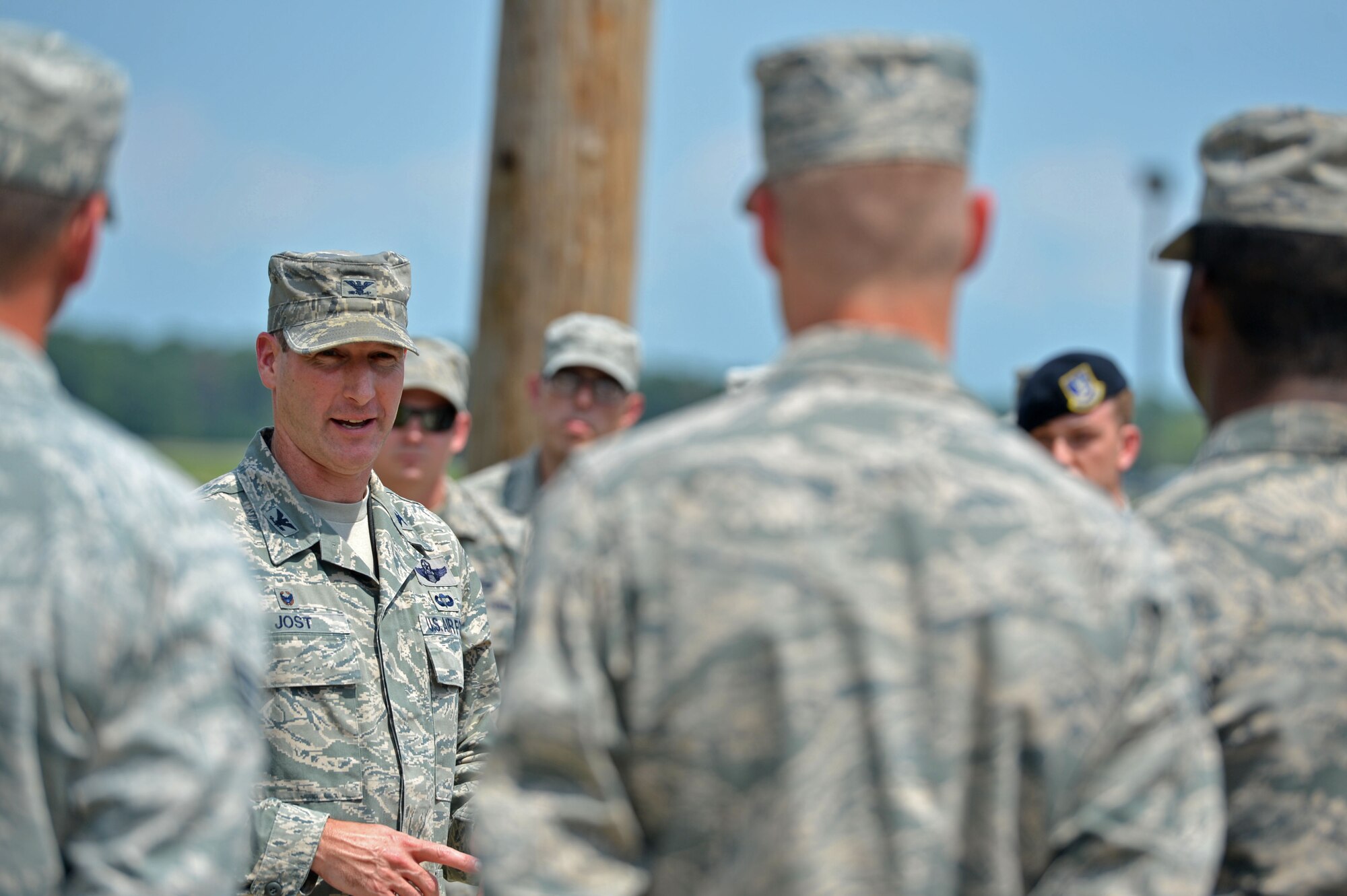 U.S. Air Force Col. Stephen Jost, 20th Fighter Wing commander, talks to Airmen assigned to the Senior Master Sgt. David B. Reid Airman Leadership School Class 16-05 after a retreat ceremony at Shaw Air Force Base, S.C., June 27, 2016. Jost spoke to the Airmen about the importance of attention to detail as well as the significance of the retreat ceremony itself. (U.S. Air Force photo by Airman 1st Class Christopher Maldonado)