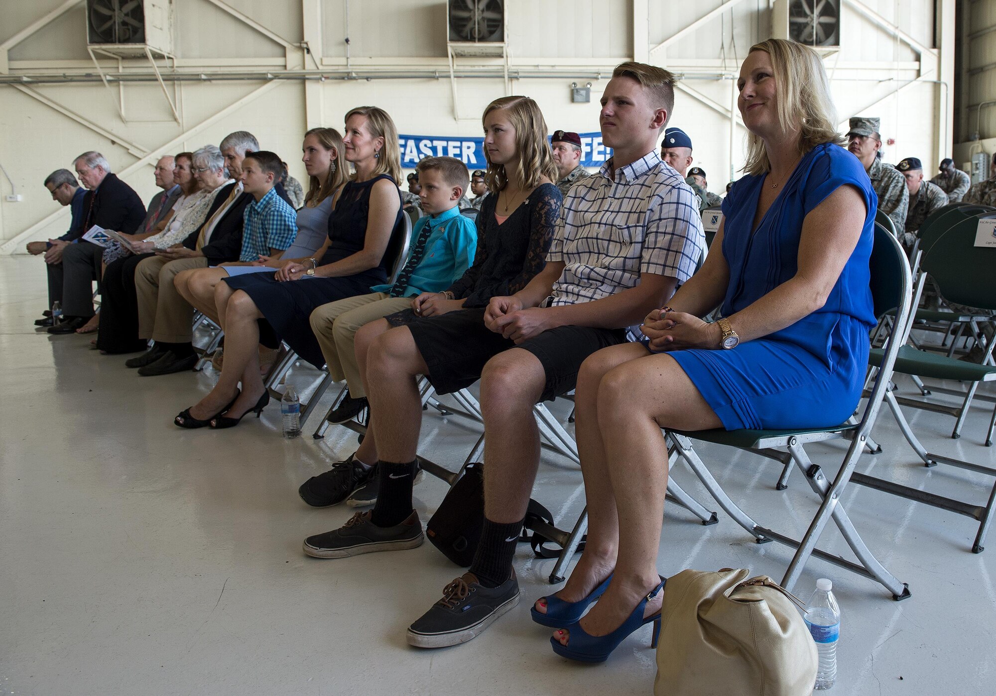 Family and friends listen to remarks during the 93d Air Ground Operations Wing change of command ceremony, June 28, 2016, at Moody Air Force Base, Ga. Upon activation in 2008, the 93d AGOW became the only wing to provide highly trained ground combat forces capable of integrating air and space power into the ground scheme of fire and maneuver. (U.S. Air Force photo by Airman 1st Class Janiqua P. Robinson/Released)