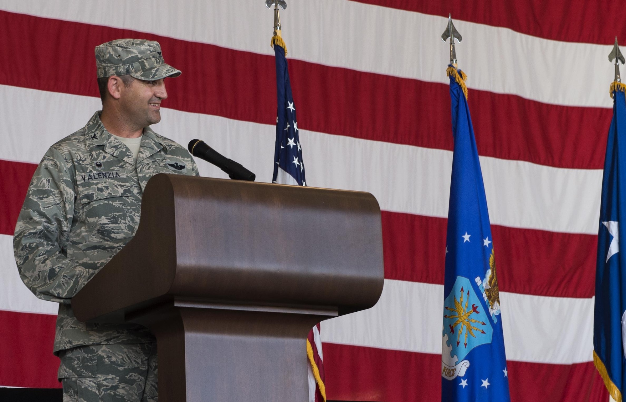 U.S. Air Force Col. Jeffery Valenzia gives remarks during a change of command ceremony, June 28, 2016, at Moody Air Force Base, Ga. The 93d Air Ground Operations Wing consists of three groups with more than 2,800 battlefield Airmen at 20 locations throughout the continental U.S. (U.S. Air Force photo by Airman 1st Class Janiqua P. Robinson/Released)