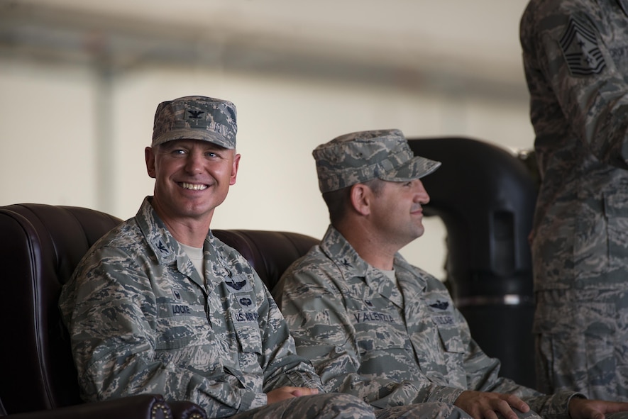 U.S. Air Force Col. Joseph Locke, 93d Air Ground Operations Wing commander, listens to remarks during a change of command ceremony, June 28, 2016, at Moody Air Force Base, Ga. Throughout his career, Locke has deployed in support of Operations Enduring Freedom, Iraqi Freedom and Southern Watch. (U.S. Air Force photo by Senior Airman Ryan Callaghan/Released)