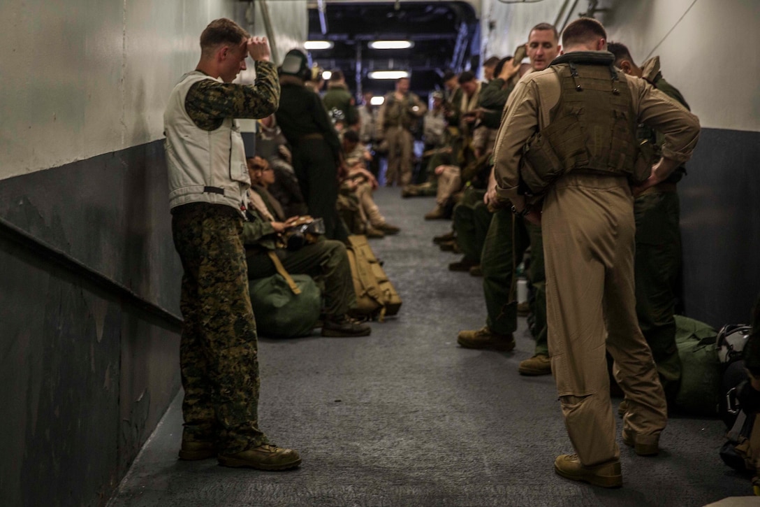 ARABIAN GULF (June 13, 2016) Marines and Sailors with the 13th Marine Expeditionary Unit stage aboard USS Boxer (LHD 4), in preparation for sustainment training ashore in the U.S. 5th Fleet and Central Command areas of responsibility June 13. The 13th MEU is conducting sustainment training to maintain proficiency and combat readiness while deployed with the Boxer Amphibious Ready Group during Western Pacific Deployment 16-1. (U.S. Marine Corps photo by Cpl. Alvin Pujols/ RELEASED)