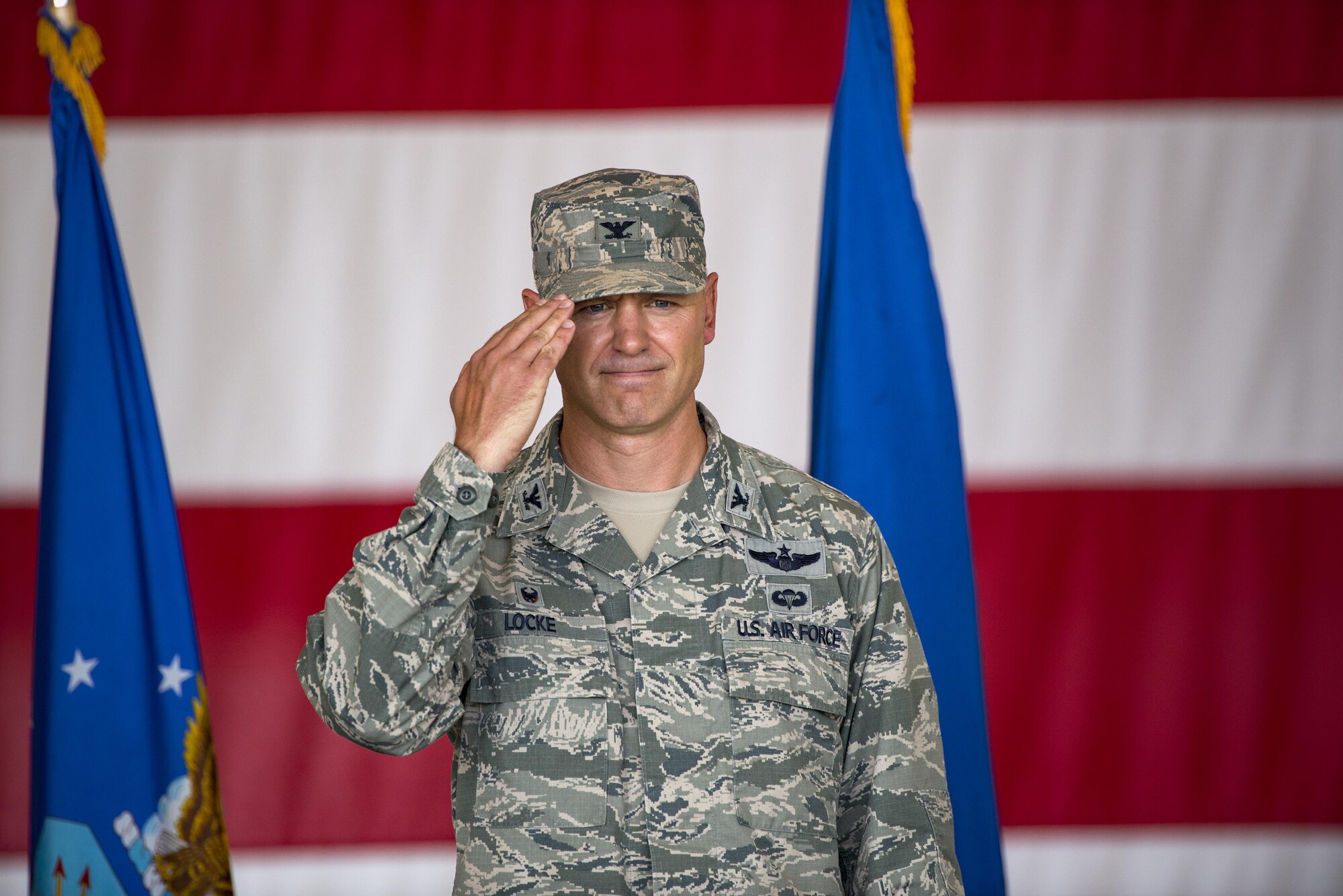 U.S. Air Force Col. Joseph Locke, 93d Air Ground Operations Wing commander, renders his final salute during a change of command ceremony, June 28, 2016 at Moody Air Force Base, Ga. After relinquishing command Locke will deploy to Southwest Asia where he will fly the A-29 Super Tucano.   (U.S. Air Force photo by Senior Airman Ryan Callaghan/Released)
