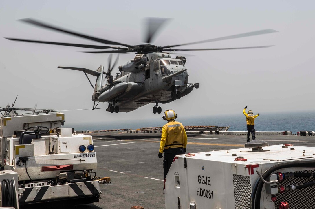 ARABIAN GULF (June 13, 2016) A U.S. Marine Corps CH-53E Super Stallion helicopter with the 13th Marine Expeditionary Unit lifts off USS Boxer (LHD 4) to off load service members for sustainment training ashore in the U.S. 5th Fleet and Central Command areas of responsibility June 13. The 13th MEU is conducting sustainment training to maintain proficiency and combat readiness while deployed with the Boxer Amphibious Ready Group during Western Pacific Deployment 16-1. (U.S. Marine Corps photo by Cpl. Alvin Pujols/ RELEASED)