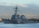 In this file photo, the guided-missile destroyer USS John Paul Jones (DDG 53) departs Joint Base Pearl-Harbor-Hickam for an at-sea period. John Paul Jones replaced USS Lake Erie (CG 70) in Hawaii last year as a rotational ballistic missile defense (BMD) deployer and the nation's BMD test ship. 