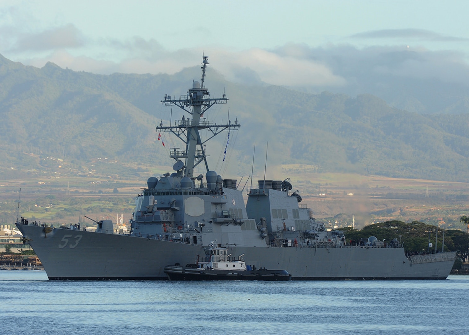 In this file photo, the guided-missile destroyer USS John Paul Jones (DDG 53) departs Joint Base Pearl-Harbor-Hickam for an at-sea period. John Paul Jones replaced USS Lake Erie (CG 70) in Hawaii last year as a rotational ballistic missile defense (BMD) deployer and the nation's BMD test ship. 