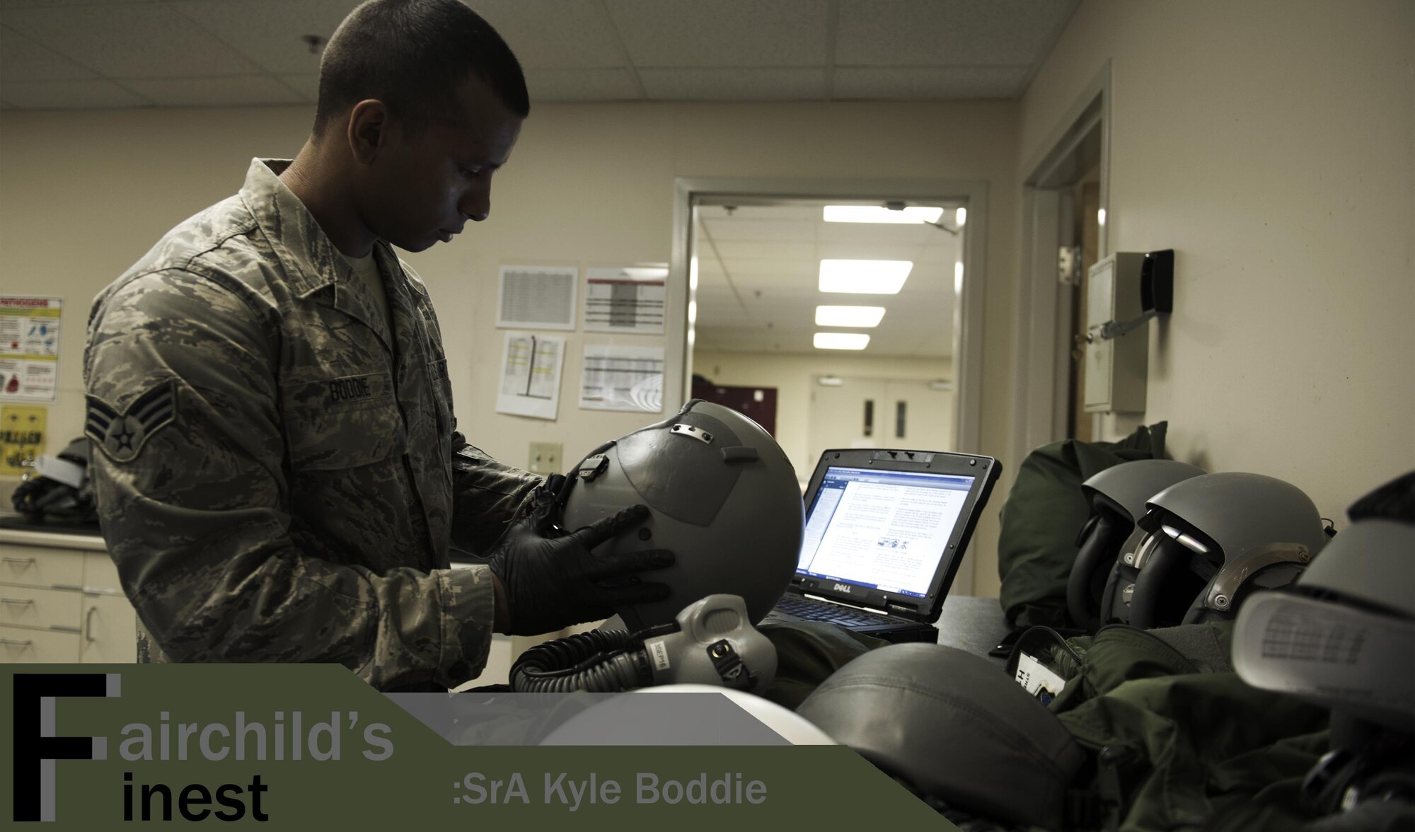 Senior Airman Kyle Boddie, 92nd Operation Support Squadron aircrew flight equipment, conducts a helmet inspection June 28, 2016, at Fairchild Air Force Base, Washington. His leadership selected him as one of Fairchild’s Finest, a weekly recognition program that highlights top-performing Airmen. (U.S. Air Force photo/Airman 1st Class Sean Campbell) 