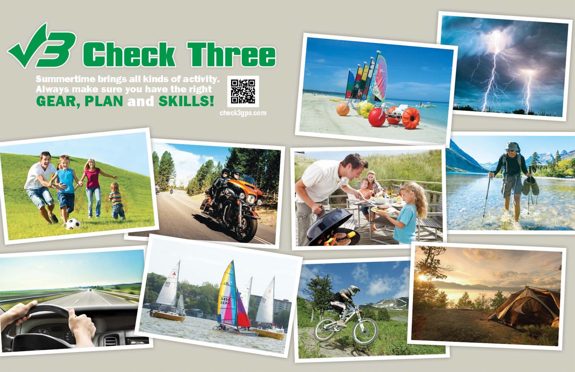 The Check3 GPS campaign was created to bring awareness to summertime activities. Individuals should always make sure they have the right gear, plan and skills to stay safe, no matter the season. (U.S. Air Force illustration)