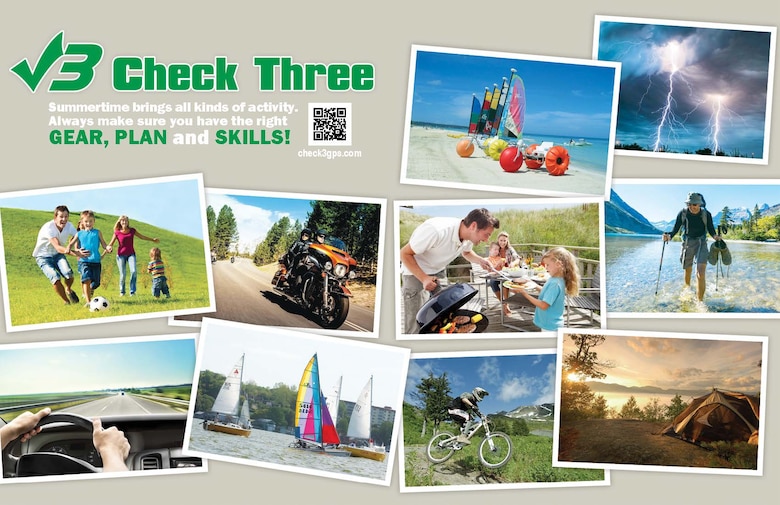 The Check3 GPS campaign was created to bring awareness to summertime activities. Individuals should always make sure they have the right gear, plan and skills to stay safe, no matter the season. (U.S. Air Force illustration)