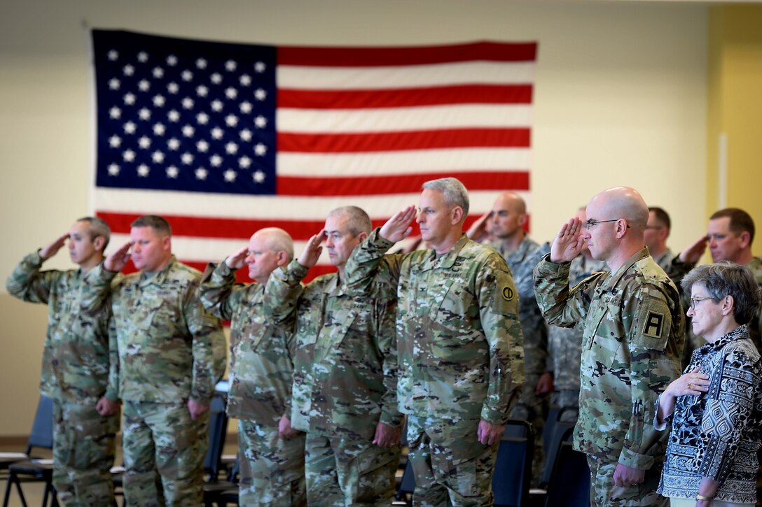 The Army Reserve’s 85th Support Command senior leaders, along with soldiers assigned to the 3rd Battalion, 383rd Regiment, salute the Fallen Soldier battle cross display during a Fallen Soldier memorial held June 25, 2016 at the battalion in St. Louis. Capt. Antonio D. Brown, a 3-383rd member, was one of the 49 victims killed in the Orlando nightclub shooting June 12, 2016.
(U.S. Army photo by Sgt. Aaron Berogan/Released)