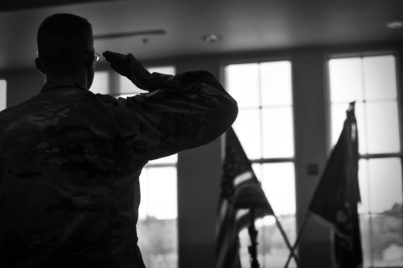 A soldier assigned to the U.S. Army Reserve’s 3rd Battalion, 383rd Regiment salutes the Fallen Soldier battle cross display during a Fallen Soldier memorial held June 25, 2016 at the battalion in St. Louis. Capt. Antonio D. Brown, a 3-383rd member, was one of the 49 victims killed in the Orlando nightclub shooting June 12, 2016.
(U.S. Army photo by Sgt. Aaron Berogan/Released)