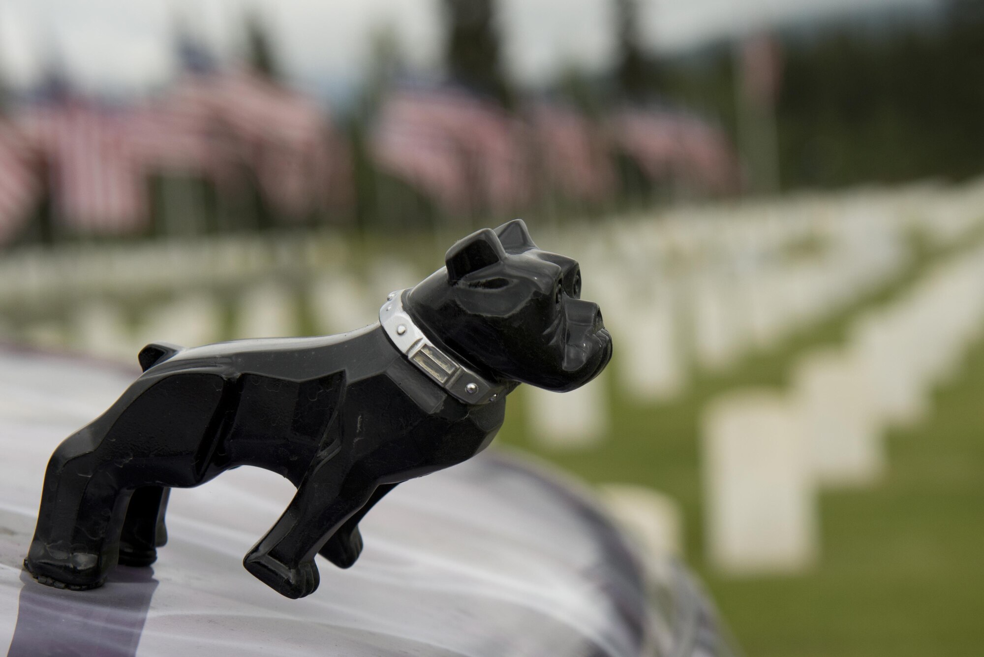 A miniature bulldog figurine was seen on the hood of a vehicle at the funeral for Fred "Bulldog" Becker IV June 24. Bulldog was a USAF Vietnam veteran who dedicated his life to bringing respect and recognition to active duty service members. (U.S. Air Force photo by Senior Airman Kyle Johnson)